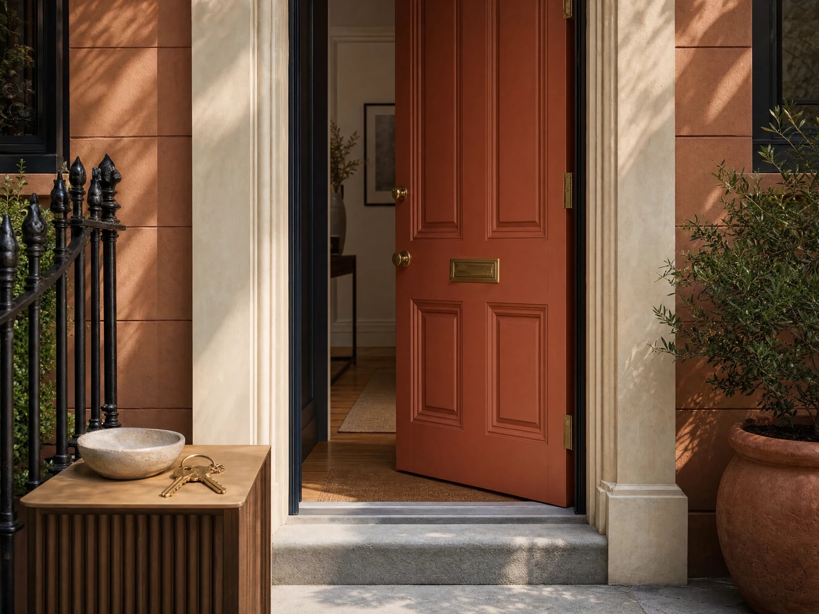 Illustrative terracotta-toned rental home entrance